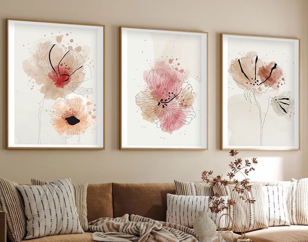 Falikép szett, 3 db, virágok, rózsaszín - bézs, 50x70 cm - TRIO - Butopêa termék 2. képe